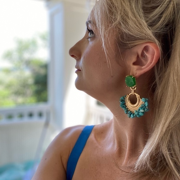NWT Earrings Gold + Turquoise + Green Boho Hoops Stone - Picture 7 of 7